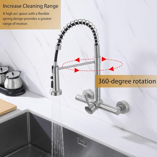 Premium 8"" Center Kitchen Sink Faucet - Wall Mount Tap with High Arc Spring - color: Style B, Center Handle