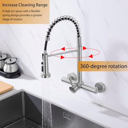 Premium 8"" Center Kitchen Sink Faucet - Wall Mount Tap with High Arc Spring - color: Style B, Center Handle
