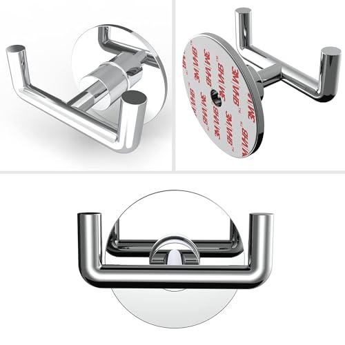Ruacq Adhesive Double Towel Hooks for Bathroom Wall, Chrome | SUS304 Stainless Steel Hand Towel Hanger, Coat Robe Hook Holder for Shower Kitchen Entryway, Round Base, Rustproof, Modern - color: 2pack