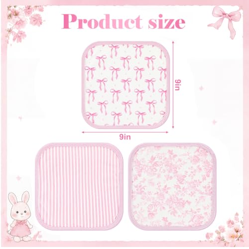 Irenare 3 Pack Pink Bow Baby Washcloths, Floral Striped Baby Soft Face Towels, Absorbent Knit Terry Wash Cloth for Girls, Gentle on Sensitive Skin Great for Bathing Wiping Shower Gift and Essential