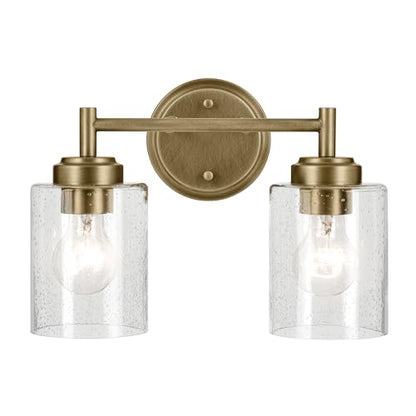 Kichler Winslow 2-Light Farmhouse Vanity Light, Natural Brass | Clear seeded glass vanity light with industrial styling (13" x 9.25" x 6.5"), 45885NBR - color: Natural Brass, size: 13"