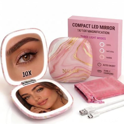 Lighted Makeup Compact Mirror, 3.9 Inch – 1x/10x Magnification Portable, LED – Auto Light On/Off - USB Charging, (Blush Marble) - color: Blush Marble