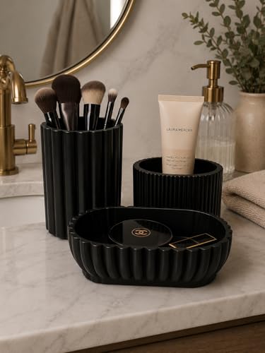 Ribbed Bathroom Countertop Organizer Set, Soap Dish, Tumbler Cup, and Vanity Tray, Modern Minimalist Style - color: Black, Cream, Terracotta
