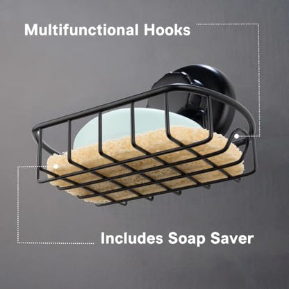 HASKO accessories Suction Soap Dish with Hooks - Super Powerful Vacuum Suction Cup Shower Soap Holder - Rustproof Stainless Steel SS304 Soap Basket - Sponge Holder for Bathroom & Kitchen (Black) - color: Black
