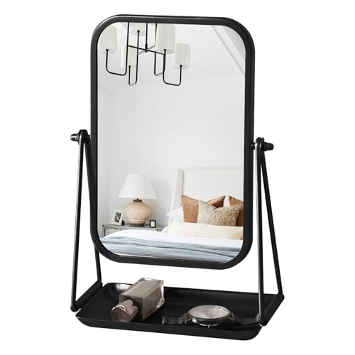 Small Mirror for Desk Table Black Metal Framed Freestanding Vanity Mirrors with Storage 360°Rotation Countertop Mirror Portable Makeup Mirrors for Dressing Bathroom Bedroom Dorm - color: Rectangular-black