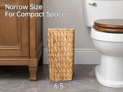 Coeusy 3 Gallon Wicker Trash Can,Small Bathroom Trash Can with Lid,Natural Water Hyacinth Wicker Waste Basket for Bedroom,Toilet,Narrow Garbage Can with Removable Liner - color: Water hyacinth