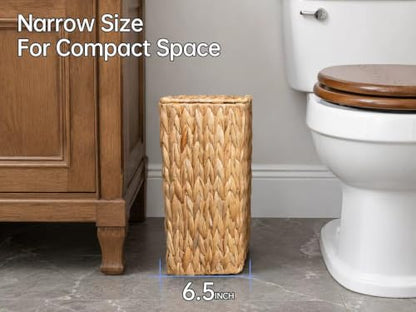 Coeusy 3 Gallon Wicker Trash Can,Small Bathroom Trash Can with Lid,Natural Water Hyacinth Wicker Waste Basket for Bedroom,Toilet,Narrow Garbage Can with Removable Liner - color: Water hyacinth