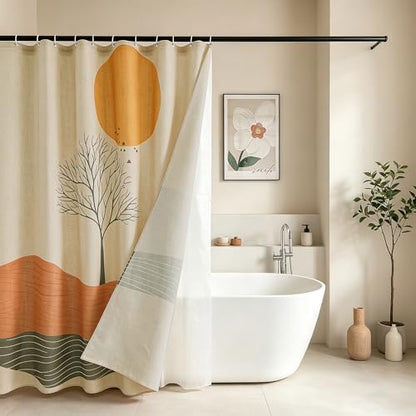 Orange Sun and Green Branch Linen Shower Curtain Set with Liner | Double Layer Shower Curtain Waterproof Fabric with Zippered Removable PEVA Liner,Boho Shower Curtain for Bathroom,Free Hooks - color: Landscape