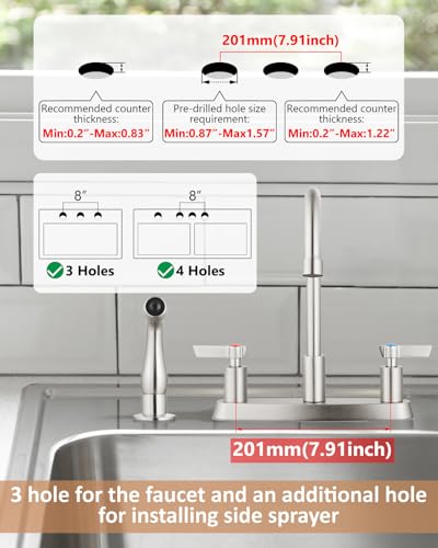 Kitchen Faucet with Side Sprayer, 8 Inch Centerset 4-Hole Nickel | Lead-Free 4-Hole High Arc Kitchen Sink Faucet, 1.8 GPM, 360° Spout - color: Nickel