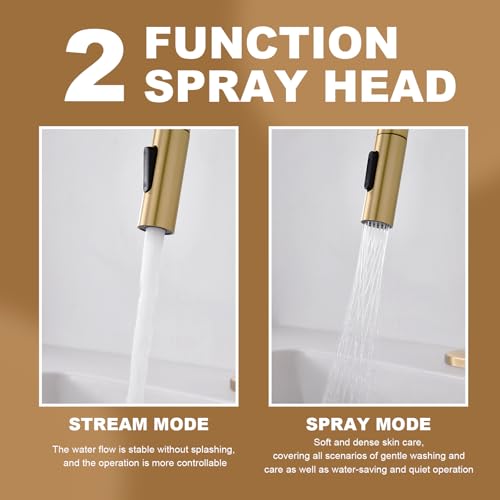 Gold Bathroom Sink Faucet with Pull Down Sprayer | 2 Mode Sprayer, with Deck Plate for 1 or 3 Hole, 360° Swivel, with Pop Up Drain for Vanity Bar RV Basin Laundry - color: Brushed Gold