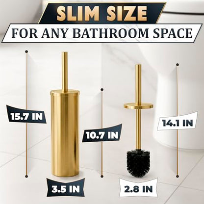 Stainless Steel Toilet Brush and Holder Set, Splash Guard (Gold) | Toilet Bowl Brush and Holder, Removable Inner Bowl, Dense Bristles, Long Handle, Scratch Resistant, for Modern Bathrooms - color: Gold