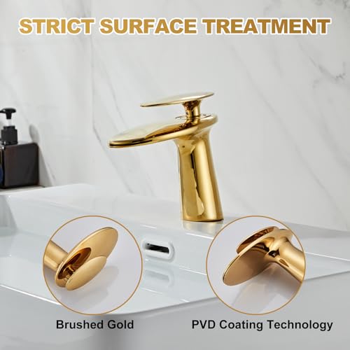 Shiny Polished Gold Waterfall Bathroom Sink Faucet and Pop Up Drain - color: Polished Gold, size: Short Body