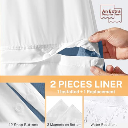 River Dream No Hooks Shower Curtain with 2 Snap in Liner, 71Wx74H | Waffle Weave, 1 Attached Snap in Liner and 1 Extra Replacement Liner, Bathroom Curtains Shower Set, Hotel Grade, Spa Like - color: Moonlight Blue