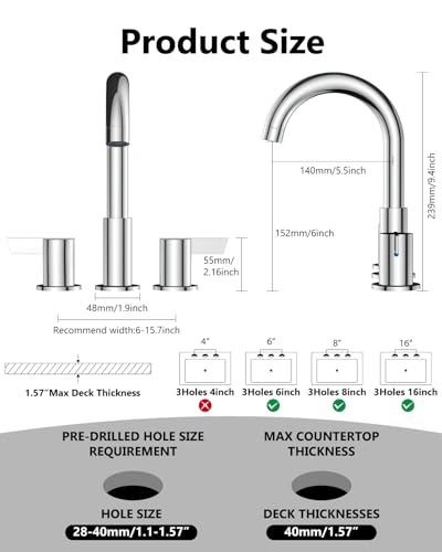 Polish Chrome Bathroom Faucet 3 Hole, 8 Inch Widespread 2-Handle | SUS304 Stainless Steel, 2-Handle Control, Pop-Up Drain, Supply Lines and Mounting Hardware for 8-Inch Widespread Vanity Sinks - color: Polish Chrome