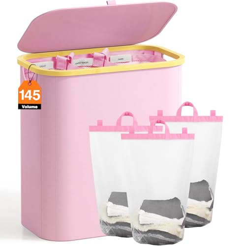 Hampers for Laundry Basket with Lid, 145L Large Laundry Hamper 3 Section | Dirty Clothes Hamper Separator with 3 Removable Bags & 5 Labels, Divided Laundry Organizer for Bedroom, Laundry Room, Pink - color: Pink, size: 145L