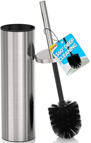DOWRY Toilet Bowl Brush and Holder for Bathroom Silver | 304 Stainless Steel Deep Cleaning Toilet Brush and Holder Set with Long Handle Hidden with 2 Heads
