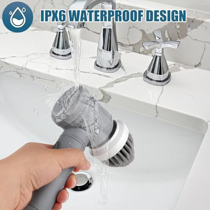 Electric Cordless Spin Cleaning Scrubber, Powerful Handheld Shower Cleaner with 6 Interchangeable Brush Heads, Multi-Surface Cleaner for Bathroom Tub Tile Grout Kitchen Sink Window Floor Car, Gray