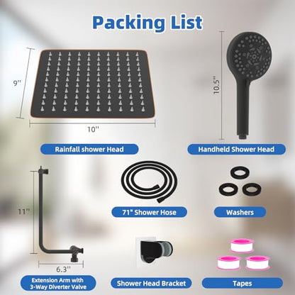 10" Metal Rainfall Shower Head with 10-Mode Handheld, Oil Rubbed Bronze | NSF/ANSI/CAN 372 Certified, High Pressure Showerhead Combo with 11" Adjustable Shower Arm, 71" Hose, Shower Head Holder - color: Oil Rubbed Bronze, style: Square 10"