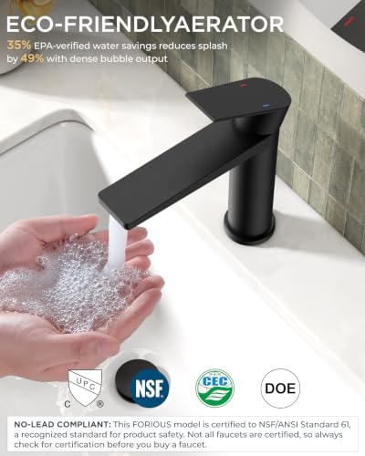 FORIOUS Black Bathroom Faucet 1 Hole, RV Bathroom Sink Faucet Single Hole | Single Hole Bathroom Sink Faucet Matte Black, Single Handle Rv Faucet Bathroom for Sink with Deck Plate and Pop Up Drain - color: Matte Black