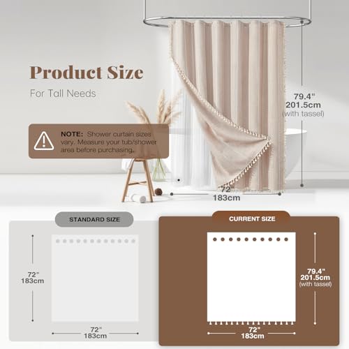 BTTN 3 in 1 Shower Curtain with Liner, 78 Inch Long Boho Linen Striped Cloth Shower Curtain Set with Hook, Farmhouse Bohemian Country Waterproof Fabric Shower Curtain for Bathroom, Tan/Taupe, 72x78 - color: Taupe With Liner, size: 72"W x 78"L (Pack of 1)