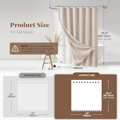 BTTN 3 in 1 Shower Curtain with Liner, 78 Inch Long Boho Linen Striped Cloth Shower Curtain Set with Hook, Farmhouse Bohemian Country Waterproof Fabric Shower Curtain for Bathroom, Tan/Taupe, 72x78 - color: Taupe With Liner, size: 72"W x 78"L (Pack of 1)