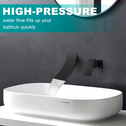 SKOWLL Matte Black Wall Mount Bathroom Faucet, Single Handle Bathroom Sink Faucet, Modern Waterfall Wall Mount Bathtub Faucets with Independent Swich, Filler Rough-in Valve Included - color: Matte Black