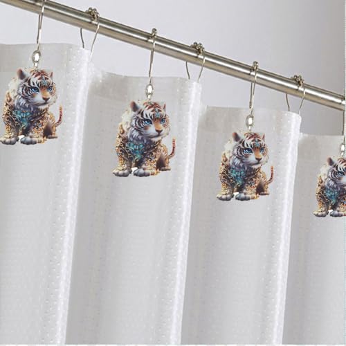 Tiger Shower Curtain Hooks Set of 12, Animal Theme Room Decor | Rustproof Metal Stainless Steel Curtain Rings, Decorative Acrylic Tiger Forest Wildlife Park Theme Bathroom Decor Set