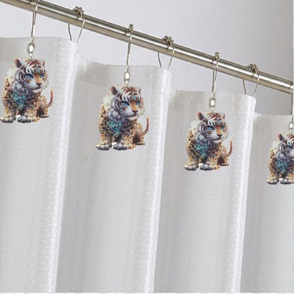 Tiger Shower Curtain Hooks Set of 12, Animal Theme Room Decor | Rustproof Metal Stainless Steel Curtain Rings, Decorative Acrylic Tiger Forest Wildlife Park Theme Bathroom Decor Set
