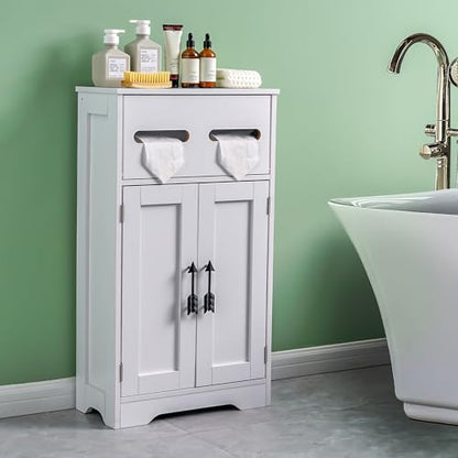 VECELO Bathroom Storage Cabinet, Freestanding Floor Organizer with Double Doors and Adjustable Shelf, Waterproof Wooden Cabinet for Bathroom, with Flip Drawer - size: With Flip Drawer
