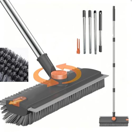 3-in-1 Floor Scrub Brush with Long Handle, Rotating Head Squeegee & Tweezer | Stiff Dual-side Bristle, 50'' Extension Pole, Stainless Steel, Multi-Surface for Shower Tile Patio Kitchen Deck Cleaning
