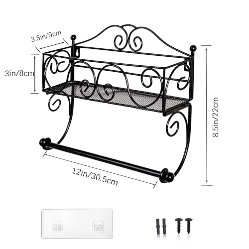 Adhesive Paper Towel Holder with Shelf, Wall Mount, 12in Black for Kitchen, Hand Towel Holder for Bathroom with Shelf