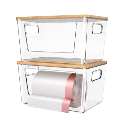 spospo 2 Pack Trash Bag Holder with Bamboo Lid Stackable Trashbag Dispenser | Extra Large Garbage Bag Holder for Kitchen Laundry Room Under Sink Organization and Storage - size: 2 Pack