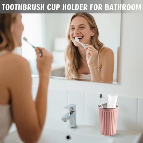 Toothbrush Cup Holder for Bathroom,Reusable Stainless Steel Bathroom Cup | 3"x4.5" Unbreakable Pink Bathroom Tumbler Cup ,300ml Easy To Clean Striated Mouthwash Cup - color: Pink