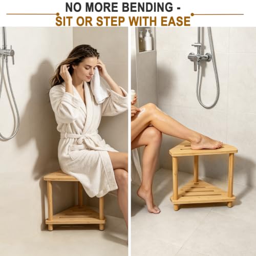 2-Tier Bamboo Corner Shower Caddy, Multifunctional Shower Stool Storage Shelf for Bathroom Kitchen Bedroom