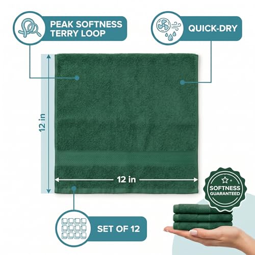 Sofea 100% Cotton Washcloths Set of 12, (12 x 12 Inch) 520 GSM Wash Cloths, Extra Soft Absorbent Quick Dry Face Towels - color: Forest Green