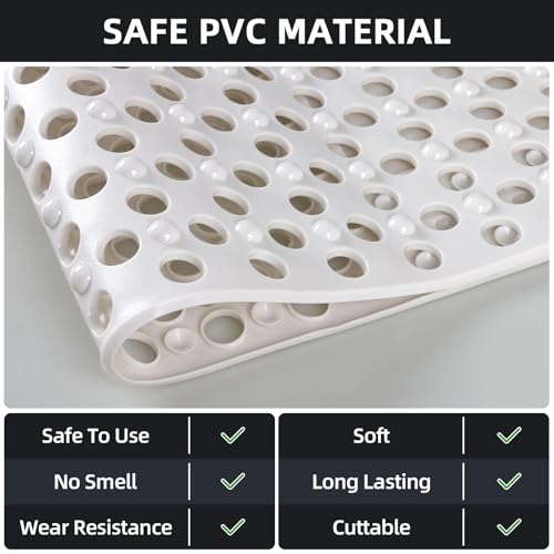 Shower Mat Non Slip: 35.4" x 23.6" Large PVC Heavy Shower Mats for Inside Shower - Quick Dry Shower Foot Scrubber Matt with Drain Hole and Suction Cups for Elderly - color: Creamy White