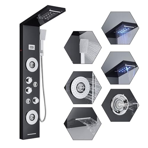 AlenArt Shower Panel Tower System Rainfall Waterfall Shower Head with Body Jets Stainless Steel Rain Massage System 5-Function High Pressure Shower Panel Tower System,HFT8029 - color: Black