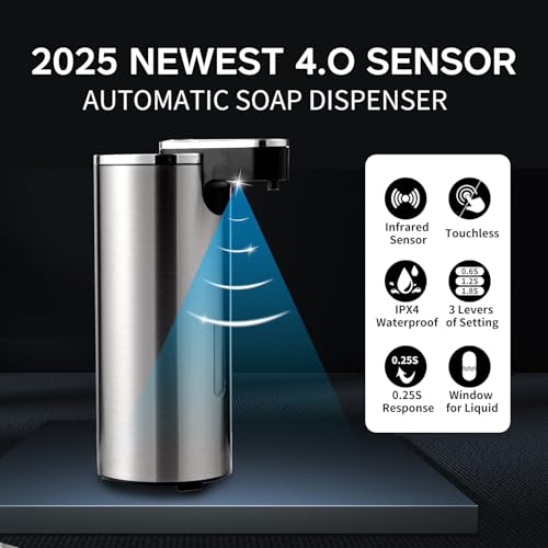 Automatic Soap Dispenser, Automatic Soap Dispenser Touchless, Kitchen & Bathroom, 3 Adjustable Volume for Liquid Soap, Water-Resistant, Hotel, Restaurant and School, Clog-Free, Stainless Steel