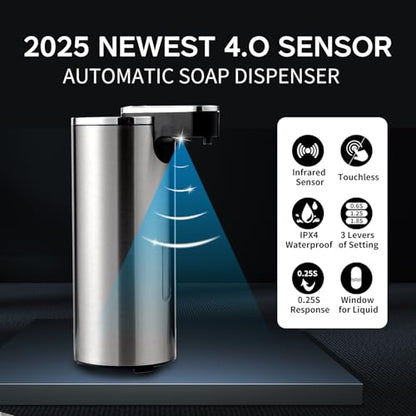 Automatic Soap Dispenser, Automatic Soap Dispenser Touchless, Kitchen & Bathroom, 3 Adjustable Volume for Liquid Soap, Water-Resistant, Hotel, Restaurant and School, Clog-Free, Stainless Steel