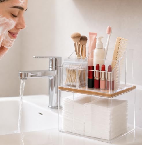 Disposable Facial Towel Holder and Cosmetic Organizer with Foldable Bowl, Clear Storage Compatible with Clean Skin Club Towel XL, Stackable Vanity Organizer for Bathroom Vanity Counter