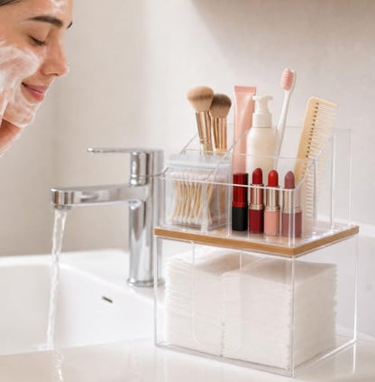 Disposable Facial Towel Holder and Cosmetic Organizer with Foldable Bowl, Clear Storage Compatible with Clean Skin Club Towel XL, Stackable Vanity Organizer for Bathroom Vanity Counter