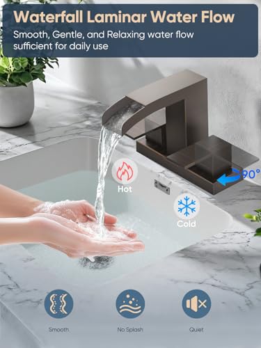 Cobbe Waterfall Bathroom Faucets 3 Hole, Oil Rubbed Bronze Bathroom Sink Faucet Square 4 Inch Centerset with Pop-Up Drain, 2 Handle and 2 Supply Hoses, Lead-Free Stainless Steel for Vanity Sink Rv - color: Oil Rubbed Bronze, size: 4 Inch Centerset