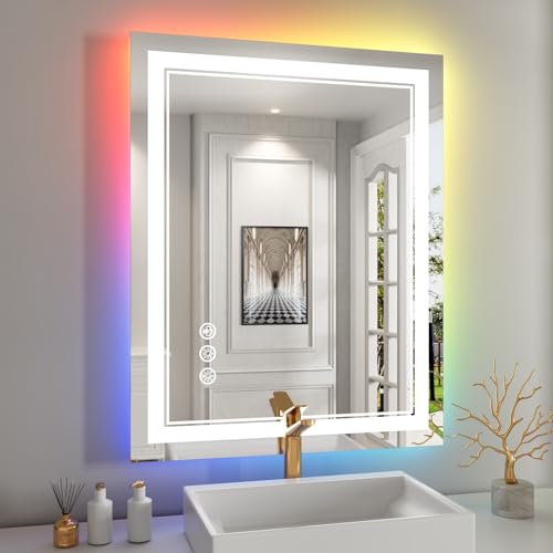 24x28 Inch RGB LED Bathroom Mirror with Lights | Front and RGB Backlit, Dimmable, Memory, Anti Fog, Shatterproof, Horizontal/Vertical, Lighted Mirrors for Bathroom Wall - color: Rgb Backlit, size: 24"L x 28"W