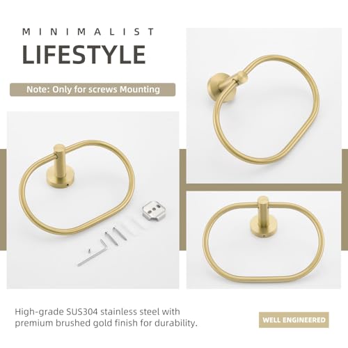 Angle Simple Bathroom Towel Ring, Swivel Hand Towel Holder, Brushed Gold | SUS304 Stainless Steel, Oval Modern Dishrag Hanger for Kitchen, Move Back & Forth, Screws Wall Mount - color: Oval - Brushed Gold