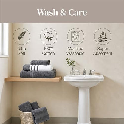 Modern Threads 6-Piece Towel Set – 100% Cotton, Quick Dry, Ultra Absorbent – Includes 2 Bath, 2 Hand, 2 Washcloths (White/Reinhart Charcoal) - color: Grey, style: Classic Stripe