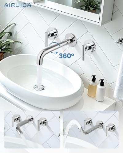 Airuida Wall Mounted Bathroom Sink Faucet,Chrome Polish Vanity Sink Faucet | Lever Handle,3 Holes,360° Widespread Swivel Spout,Rotatable Bathroom Faucet - color: Chrome Polish
