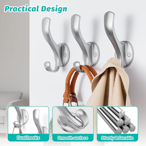 Coat Hooks Heavy Duty - Easy to Install Metal Towel Hooks Fashionable Wall Hooks for Hanging Hat, Towel, Key, Robe, Scarf, Bag, Cap (6 PCS Silver) - color: argent