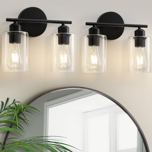 Modern Vanity Lights - Matte Black, Clear Glass Shade, Wall Sconce for Bathroom & Bedroom, 2 Pack - color: Matte Black, size: 2 Light - 2 pack