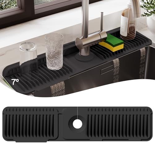 24 Inch Silicone Faucet Mat for Kitchen Sink Splash Guard – Upgraded Draining Mat with Water Tray Behind Faucet – Countertop Protectors to Catch Spills (Black, 24" x 5.5" ) - color: Black, size: 24" x 5.5"