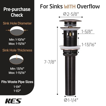 KES Bathroom Faucet Vessel Vanity Sink Pop Up Drain Stopper with Overflow Oil Rubbed Bronze, ALL Metal Rustproof Brass and 304 Stainless Steel, S2008A-ORB - color: Oil Rubbed Bronze, style: With Overflow, 1 Pack